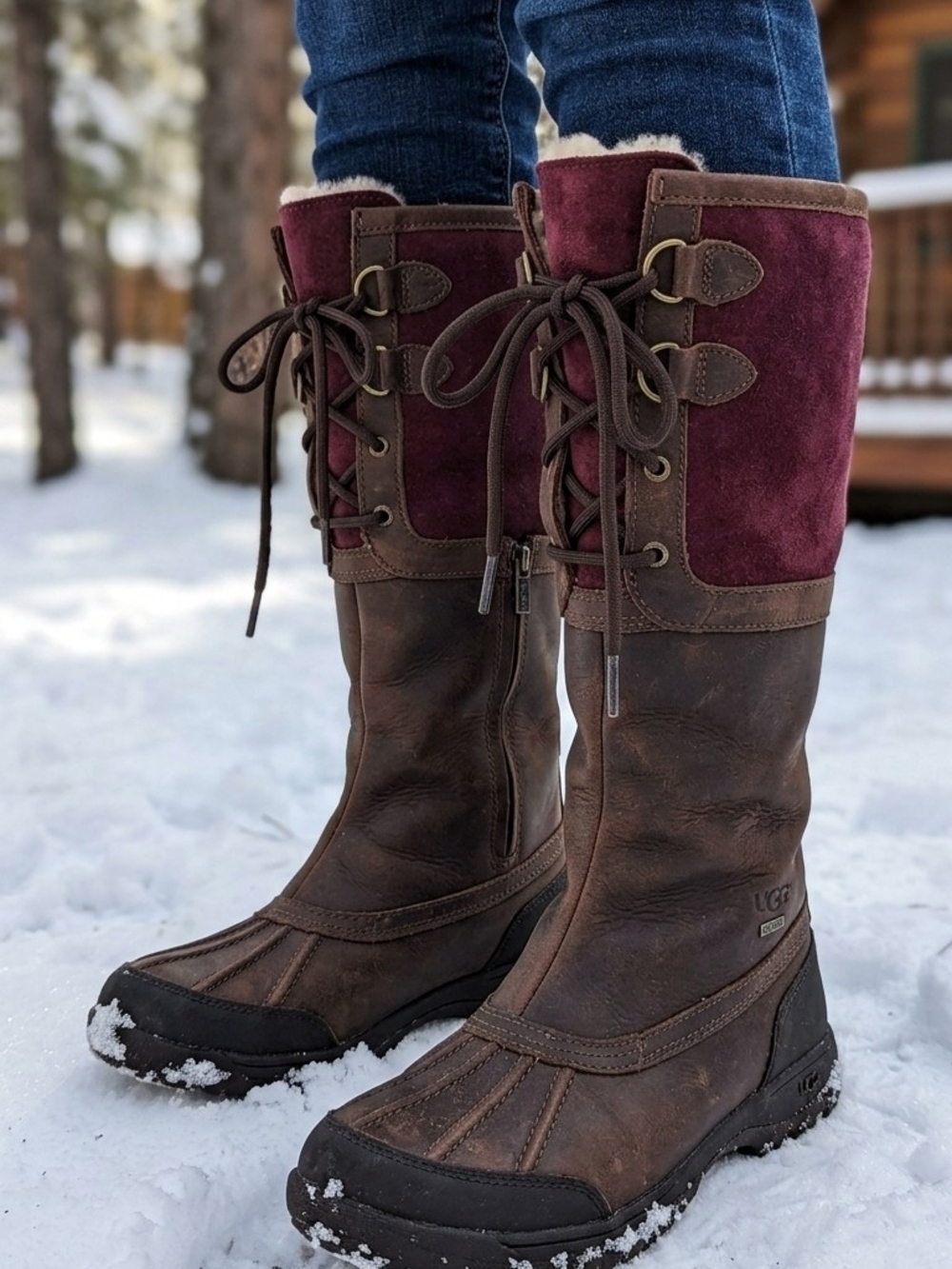 UGG Australia Belcloud Tall Waterproof Duck Boots Brown Burgundy Shearling 5.5